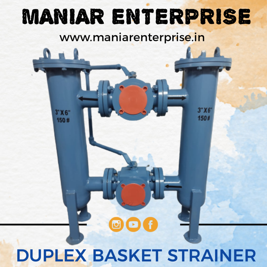 duplex basket strainer of 3 " x  6 " made of M.S material with 3 way ball valve