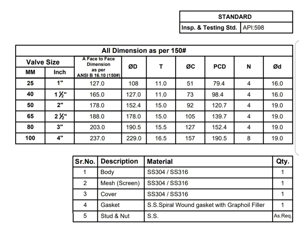 IC y type strainer dimensions as per 150 #